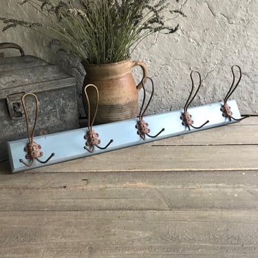 French Iron Coat Hook Rack,  Lions Mask Heads, Blue Painted Wood, Hats, Hallway Mudroom, French Farmhouse 