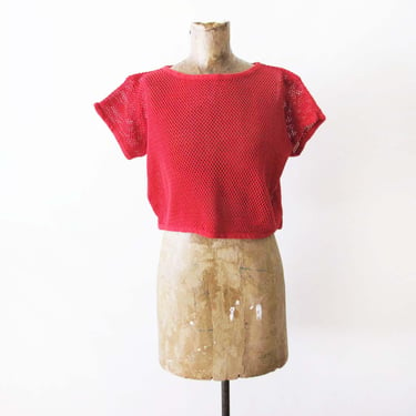 Vintage 80s Red Cotton Mesh Crop Top S M  - 1980s Short Sleeve Netted Shirt 