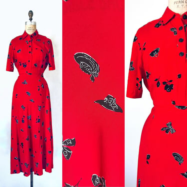 Gilda rayon novelty print dress, red maxi dress, 90s dress , vintage dresses for women, shirt dress 