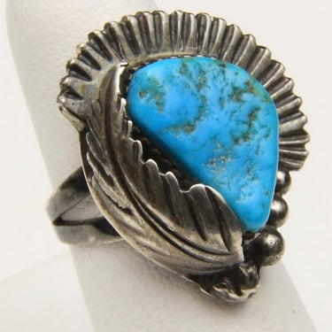 Vintage Navajo Sterling Silver & Turquoise Ring Feather Leaf Unisex Sz 5.25 Native American Jewelry Southwestern 