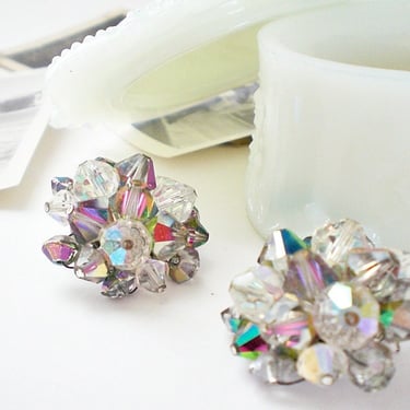 Vintage AB glass crystal cluster earrings. Retro mid century fashion, clip on aurora borealis beaded costume jewelry 