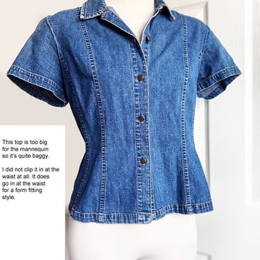 Vintage LAURA ASHLEY Denim Blue Jean Top Shirt, SIZE 10, Blouse Medium 1980's, 1990's, Y2K 