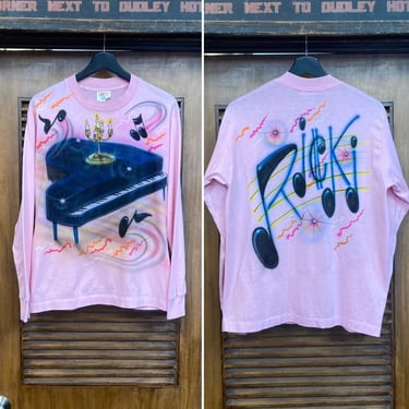 Vintage 1990’s Dated 1991 Piano Music Notes Airbrush Artwork Pink Long Sleeve Ricki T-Shirt, 90’s Tee Shirt, Vintage Clothing 