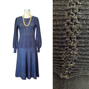 1970s 2 piece knit set, navy blue and gold, vintage sweater dress, ami, small, balloon sleeve, a line skirt, lurex knit, 1940s style, mod 