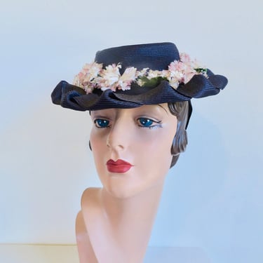1940's Navy Blue Straw Brimmed Tilt Hat Pink Fabric Flowers Trim Shallow Crown Head Holder 40's Spring Summer Millinery Rockabilly WW2 Era 