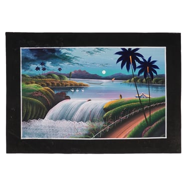 Pradip Acrylic Painting on Paper India Landscape Vintage Waterfall at Night 