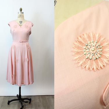1940s LINEN applique rhinestone pearl dress LARGE | new spring summer 