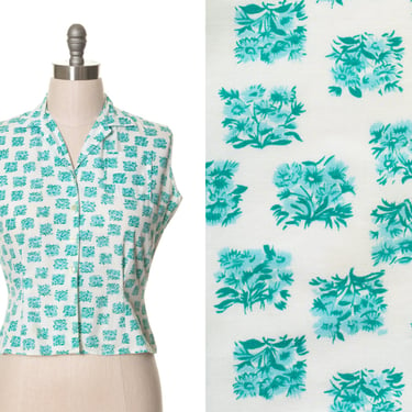 Vintage 1950s Blouse | 50s Floral Print Cotton Blue White Sleeveless Button Up Summer Top (large) 