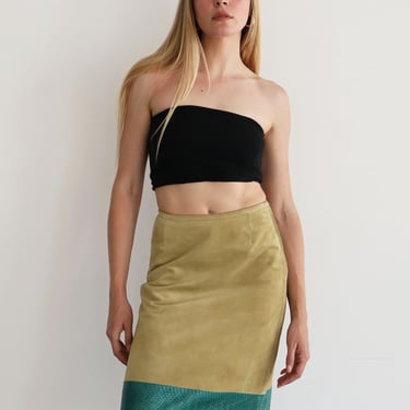 Vintage Miu Miu F/W 1999 Beige Suede Fringe Midi Skirt with Turquoise Snakeskin Detail Tassel 90s Y2K IT 40 S M 