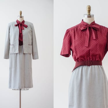 burgundy tie neck dress | 70s 80s vintage dark red gray academia librarian style secretary dress and jacket 