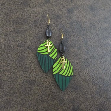 African print earrings, Ankara earrings, bold statement earrings, Afrocentric batik earrings, green fabric earrings, ankh, cowrie shell 23 