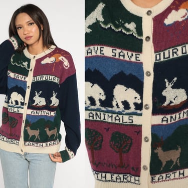 Vintage Woolrich Animal Cardigan 90s Save Our Animals Earth Sweater Wildlife Sweater Polar Bear Rabbit Seal Patchwork 1990s Vintage Large L 