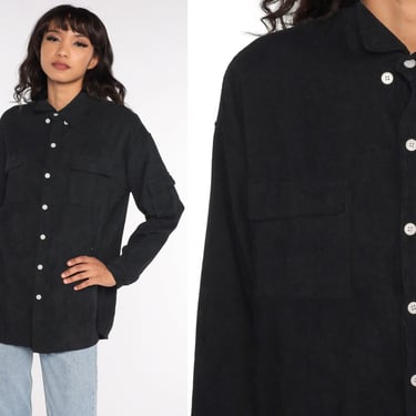 90s Corduroy Shirt Black Shirt Grunge Button Up Shirt Oversize Top Over Shirt 1990s Vintage Long Sleeve Button Down Oversized Large 