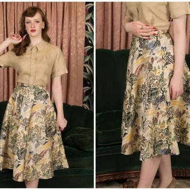 1950s Skirt - Crisp Vintage 50s Full Skirt of a Lush Chinese Garden Motif Brocade 