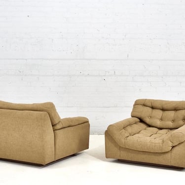 American Modern Biscuit Tufted Lounge Chairs with Walnut Plinth Base, 1960