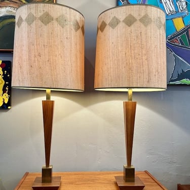 Pair of Tony Paul Style Table Lamps in Walnut &#038; Brass