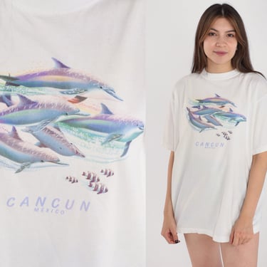 Cancun Dolphin T-Shirt 90s Mexico Shirt Fish Graphic Tee Mexican Travel Souvenir Tourist Surfer TShirt White Retro Top Vintage 1990s Large L 