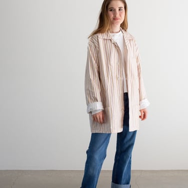 Vintage Yellow Brown White Striped Shirt Jacket | Unisex Stripe Flannel Cotton Pajama Chore shirt | L | SJ016 