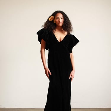 1940s Black Corduroy Plunge Flutter Sleeve Dress 