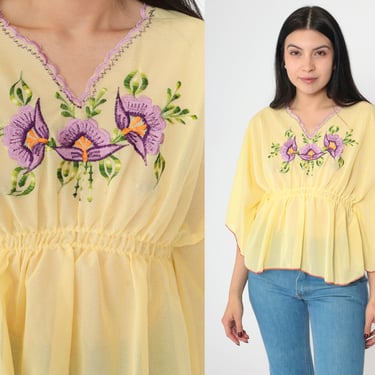 70s Floral Caftan Top Sheer Embroidered Shirt Yellow Kimono Blouse Boho Hippie 1970s Bohemian V Neck Elastic Waist Small Medium 