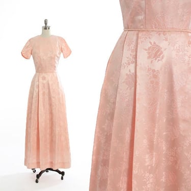 60s pink brocade rose dress | Vintage 1960s Floral Brocade maxi dress gown 