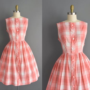 1950s vintage dress | Adorable Pink & White Plaid Print Cotton Shirtwaist Dress | Large XL | 50s dress 
