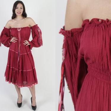 Mexican Angel Sleeve Magenta Gauze Dress / Dramatic Off The Shoulder Fiesta Dress / Avant Garde Quinceanera Party Midi Dress 
