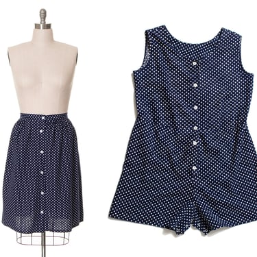 Vintage 1940s / 1950s Playsuit | 40s 50s Romper & Skirt Two Piece Polka Dot Cotton Navy Blue Summer Rockabilly Pin Up Outfit (large/x-large) 