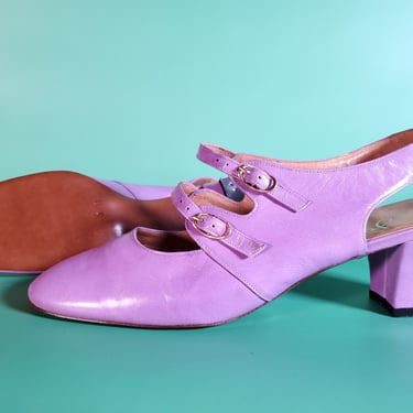 1960s lavender leather shoes vintage mod mary janes purple heels (7N) 