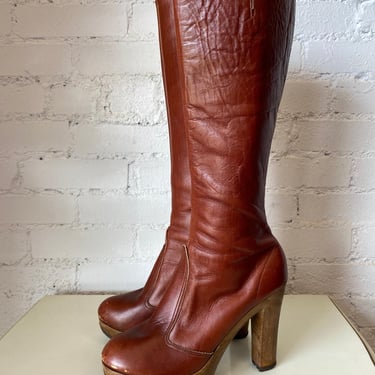 vintage 1970s Sbicca brown leather platform knee high boots size 8 boho stevie 