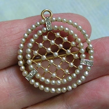 Antique 14K Gold, Pearl and Diamond Pin/Pendant, Antique Gold and Diamond Pendant, Antique Pearl Pin Pendant, Old Pearl Pendant (#4394) 