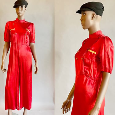 1930s Red Jumpsuit /Red Satin Jumpsuit / 1930s Beach Pajamas / Size 