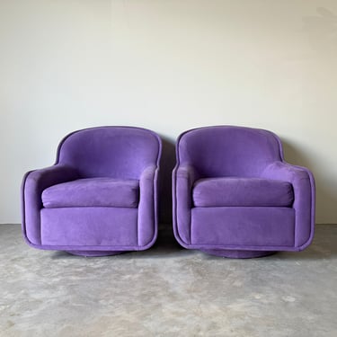 Post-Modern Purple  Upholstered Swivel Lounge Chairs - A Pair 