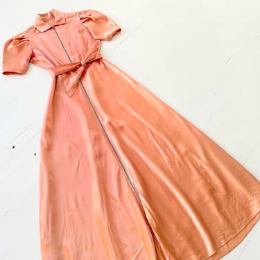 1940s Peach Pink Rayon Satin Puff Sleeve Zip Front Dress 