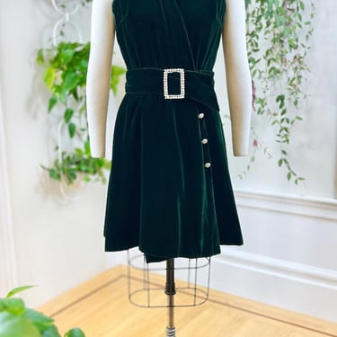 Vintage 1970s Wrap Dress | 70s Dark Forest Green Velvet Rhinestone Belt Fit Flare Mini Holiday Party Evening Formal Retro Dress | medium 