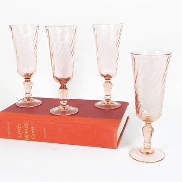 Set of 4 Vintage Rosaline Blush Pink Flute Glasses, Champagne Flutes, Arcoroc Made in France Glassware 