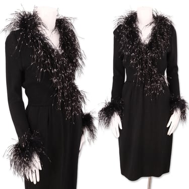 70s ST JOHN ostrich feather knit dress 8 / vintage 1970s maribou trim black dress / Santana knit dress M 