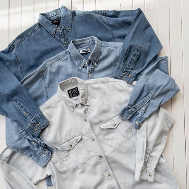 soft jean shirt | 90s vintage men's women's unisex oversized faded striped button down jean shirt blouse 