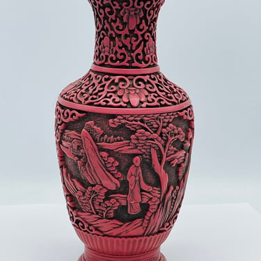 Hand Carved Red Cinnabar Vase Couple Scene Design 8 Inches Tall Elaborate and Meaningful Design Made of Resin 