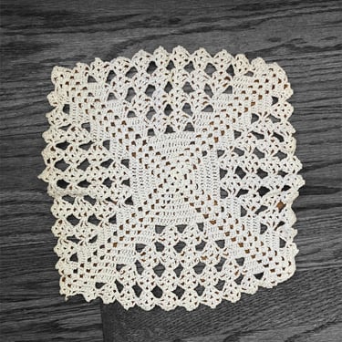 Vintage Square Hand Crochet White Cotton Doilie by LeChalet