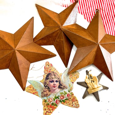 VINTAGE: 5pcs - Mixed Star Christmas Ornaments - Metal Stars, Cardboard Angel Star Ornament, Plastic Nativity Ornament - SKU 