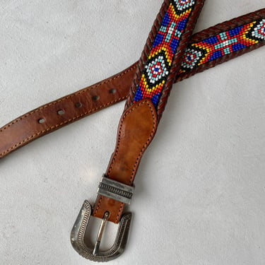 90's Vintage Beaded Leather Belt, Silver Tone Buckle, Southwestern, Casual, Jeans Belt, Size 30, Women's Belt, Seed Bead Belts 