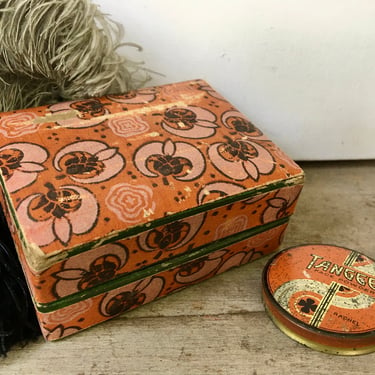 Vintage 30's Tangee Face Powder Tin, Loveli Face Powder Box, Art Deco, Orange Black, Dressing Table Decor 