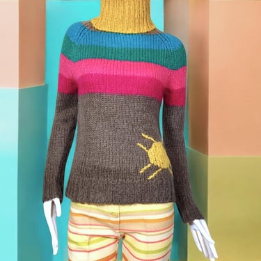 1970s pullover sweater vintage handknit mohair blend cheery sun colorblock graphics long sleeve cowl neck earthy & colorful stripes mod (S) 