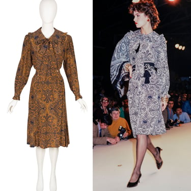 Yves Saint Laurent 1981 S/S Vintage Printed Silk Ruffle Blouse & Pleated Skirt Set Sz S M 