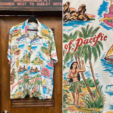 Vintage 1950’s Size L Hula Girl Fiji Island Design Tiki Rayon Hawaiian Shirt, Vintage Clothing 