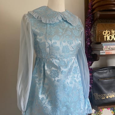 Vintage 60s Mod Embossed Daisy Floral Bib Maxi Dress with Sheer Long Sleeves and Peter Pan Collar;  60s Light Blue Floral Hostess Maxi Dress 