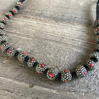 Tribal Beaded Necklace, Red Coral Cabochons, Trade Beads, Handmade, KH 