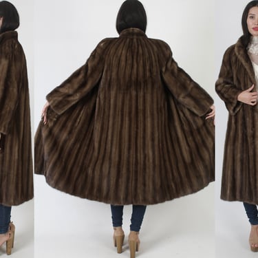 Glamorous Full Length Brown Real Mink Fur Back Collar Coat 