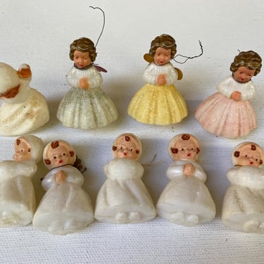 Vintage West Germany Angels, Snow Angels, Sugar Glitter, MOST Missing Wings, No Hangers, Mismatched Group Of 9, See All Photos 